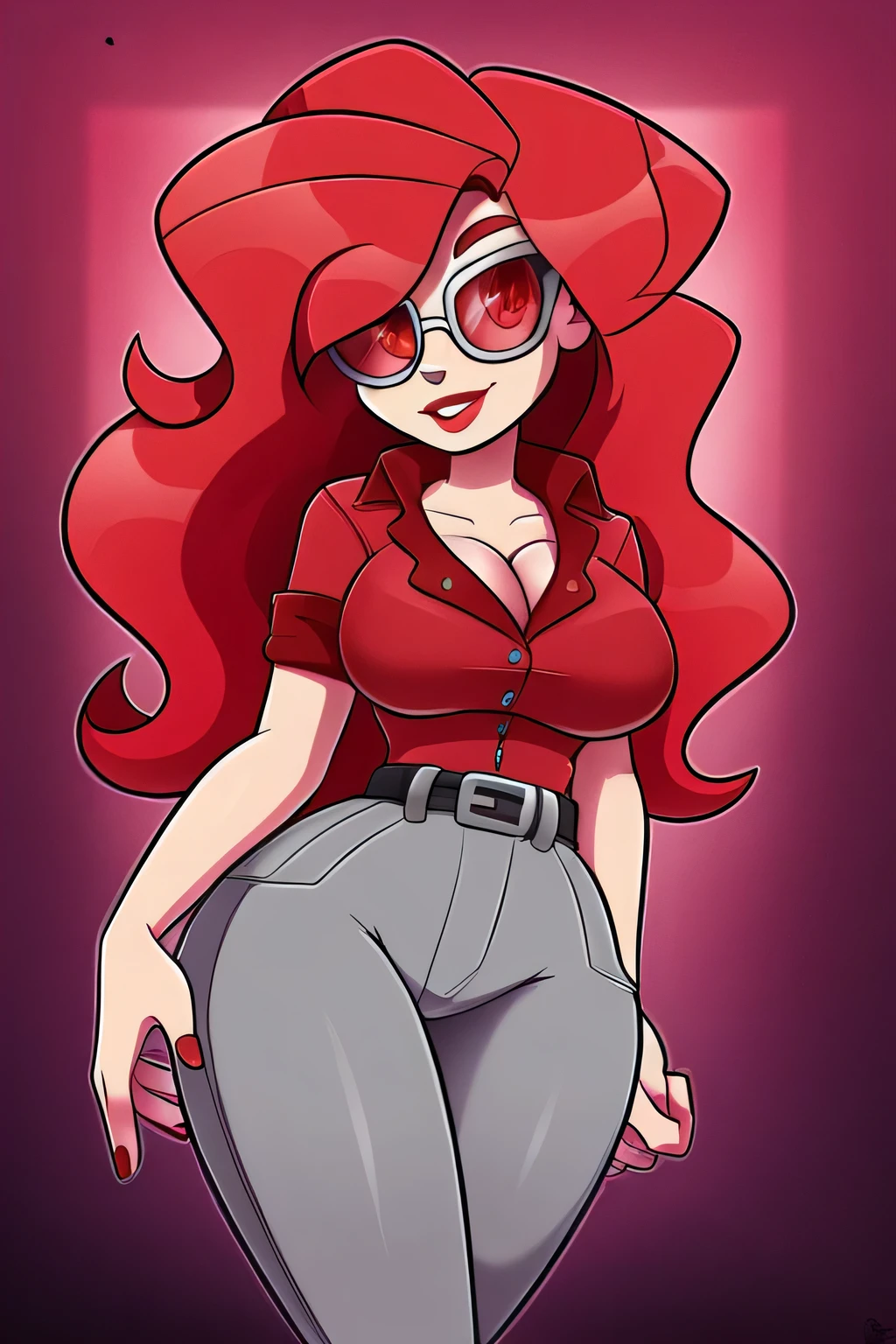 A tall sexy woman with light skin, big chest, wavy red hair, long fluffy red eyes, wearing sunglasses and wearing a ruby red top, wearing a transparent red shirt and her metallic gray pants, wearing a black belt with a big thigh and leg.