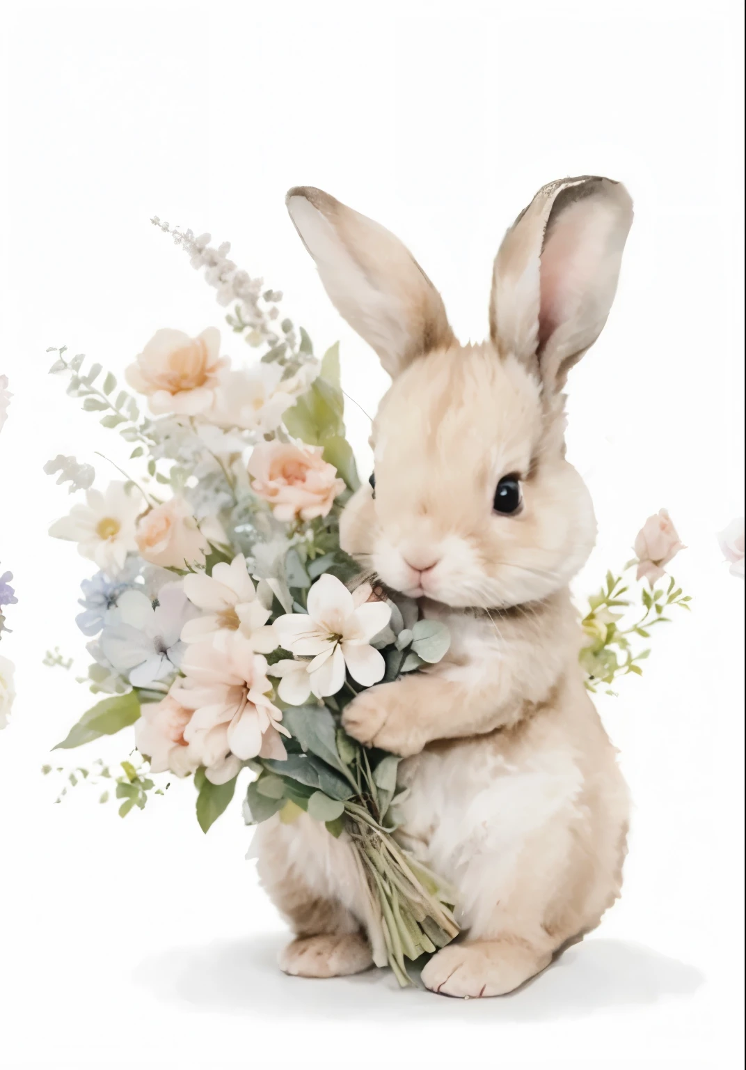 Beautiful cute baby bunny lying in a peach roses, in the flower garden, beautiful, baroque, ultra realistic, realistic watercolor+pencil, high octane, white, green, beige