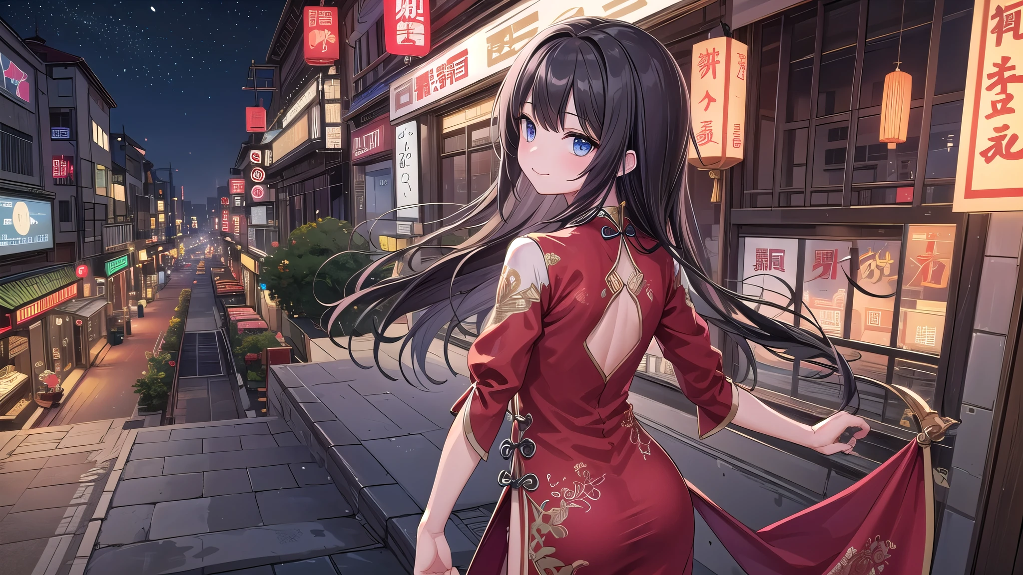 woman１limit, /(A vibrant red Chinese dress with delicate embroidery/), 成熟したwoman, /(black髪ロング/) bangs, gentle smile, (Masterpiece of the highest quality:1.2) Delicate illustrations super detailed, night,Angle from above,eye color/black,Chinatown,(think back) (from behind), (Explore the city),detailed background,Top Quality All Limbs