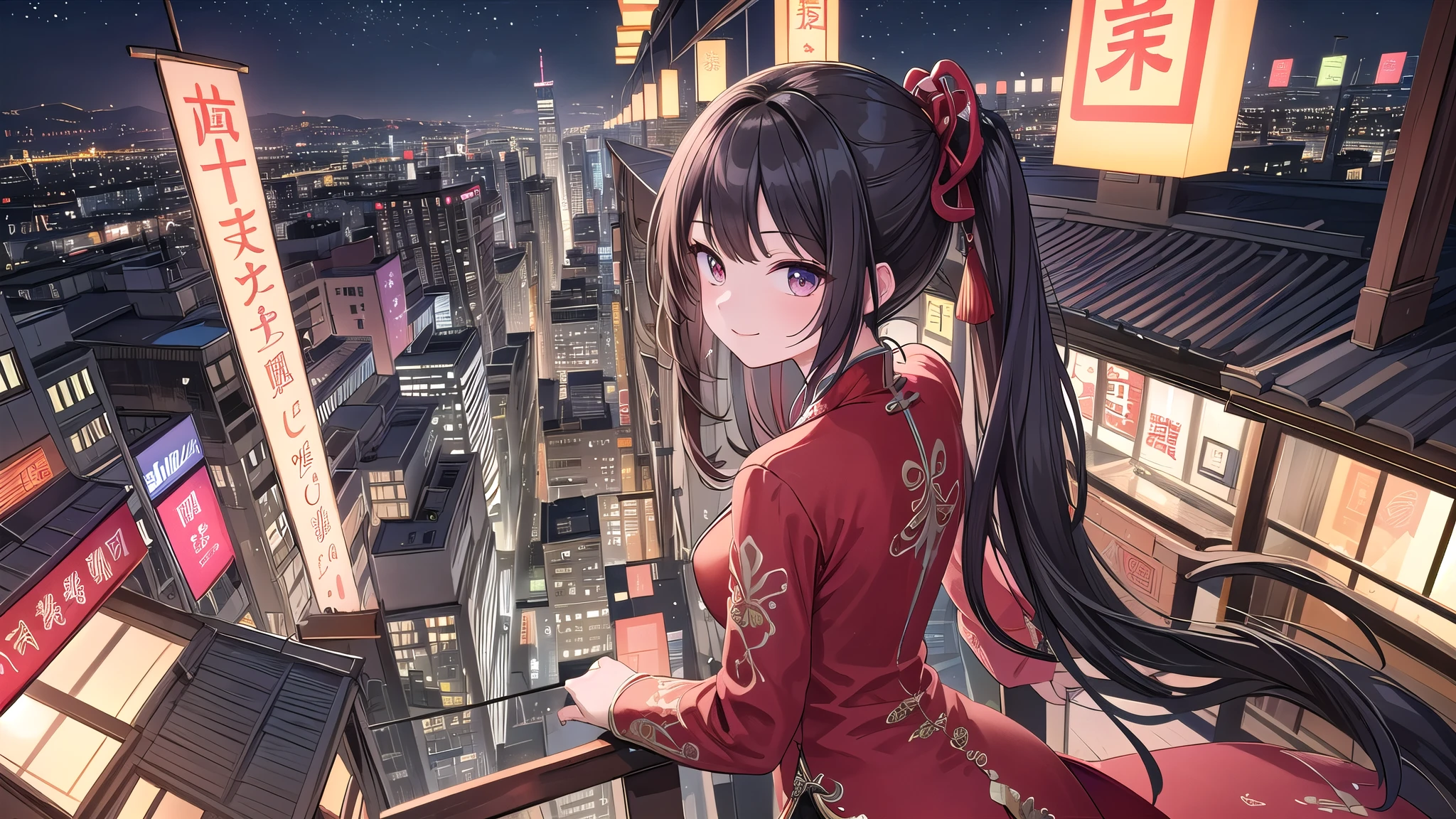 woman1limit, /(A vibrant red Chinese dress with delicate embroidery/), 成熟したwoman, /(black髪ロング/) bangs, gentle smile, (Masterpiece of the highest quality:1.2) Delicate illustrations super detailed, night,Angle from above,eye color/black,Chinatown,(think back) (from behind), (Explore the city),detailed background,Top Quality All Limbs