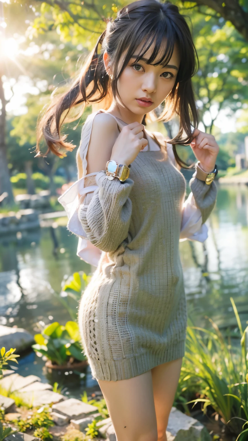 Lakeside park with sunlight shining through the trees, (summer knit dress, moe sleeve), japanese girl, , skinny body, flat chest, extremely grim face face, extremely ultra detailed face, extremely ultra real skin, extremely ultra detailed eyes, extremely ultra surrealism, (masterpiece, best quality:1.2), octane rendering, (8k, uhd, ultra high res), (super realistic details), extremely intricate detail, super real texture, professional lighting, (realistic), (RAW photo:1.2), (photorealistic:1.5)
