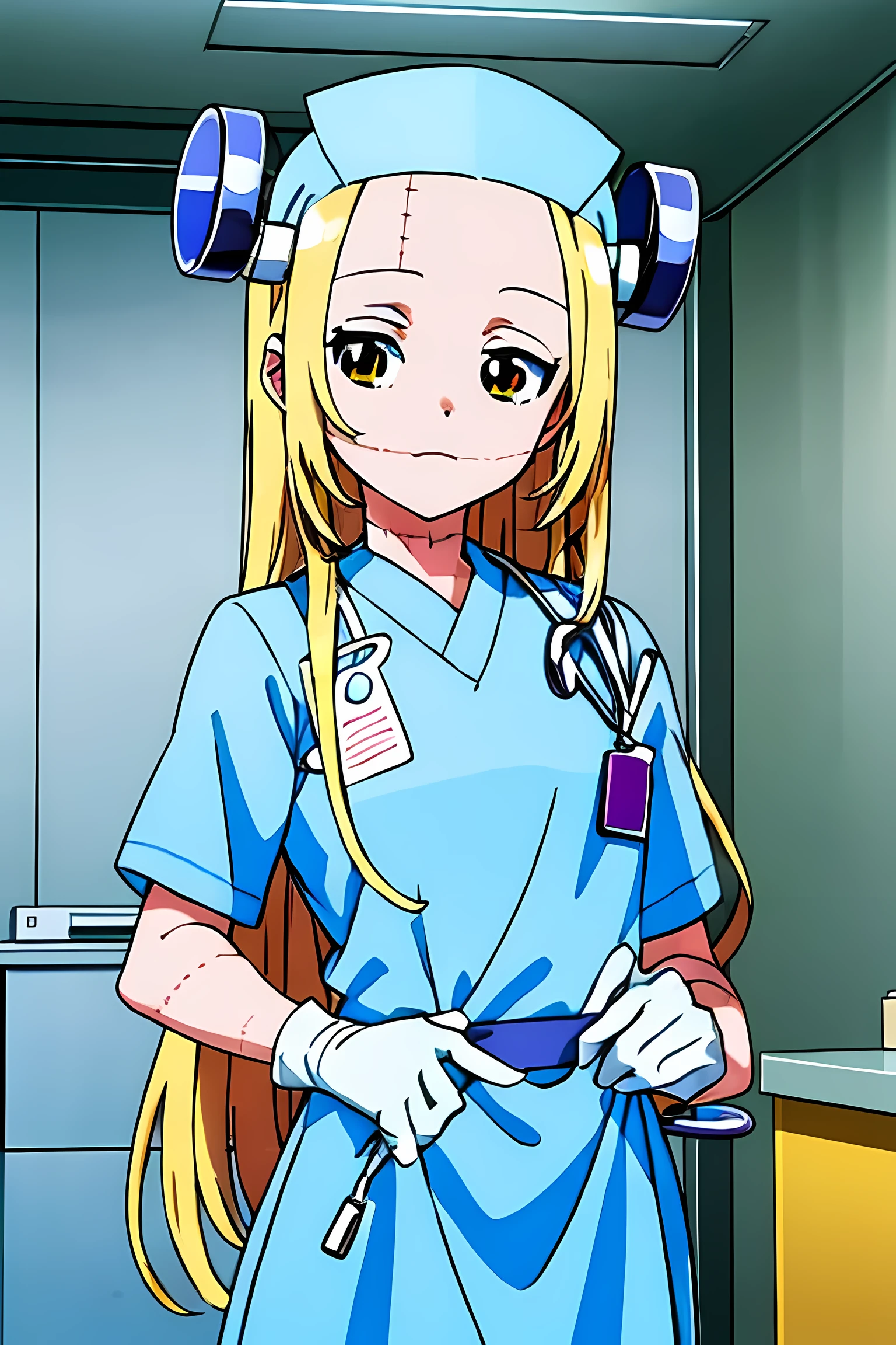 (highest quality:1.3),(ultra-become familiar with:1.5),High resolution,extremely become familiar with CG,unity 8k wallpaper,official art,become familiar with,super become familiar with skin,perfect anatomy,beautiful become familiar with eyes,(anime screenshot:1.11),very delicate and beautiful,(90s anime,90s anime style,cel shaded anime:1.17),1 girl,anmnr,
madaraki_fran,Light blonde long hair,brown eyes,,stitch,body scars,Creepy look,closed mouth smile,Drooping eyes,(surgical gown:1.7),surgical cap,surgical mask,surgical gloves,operating room,