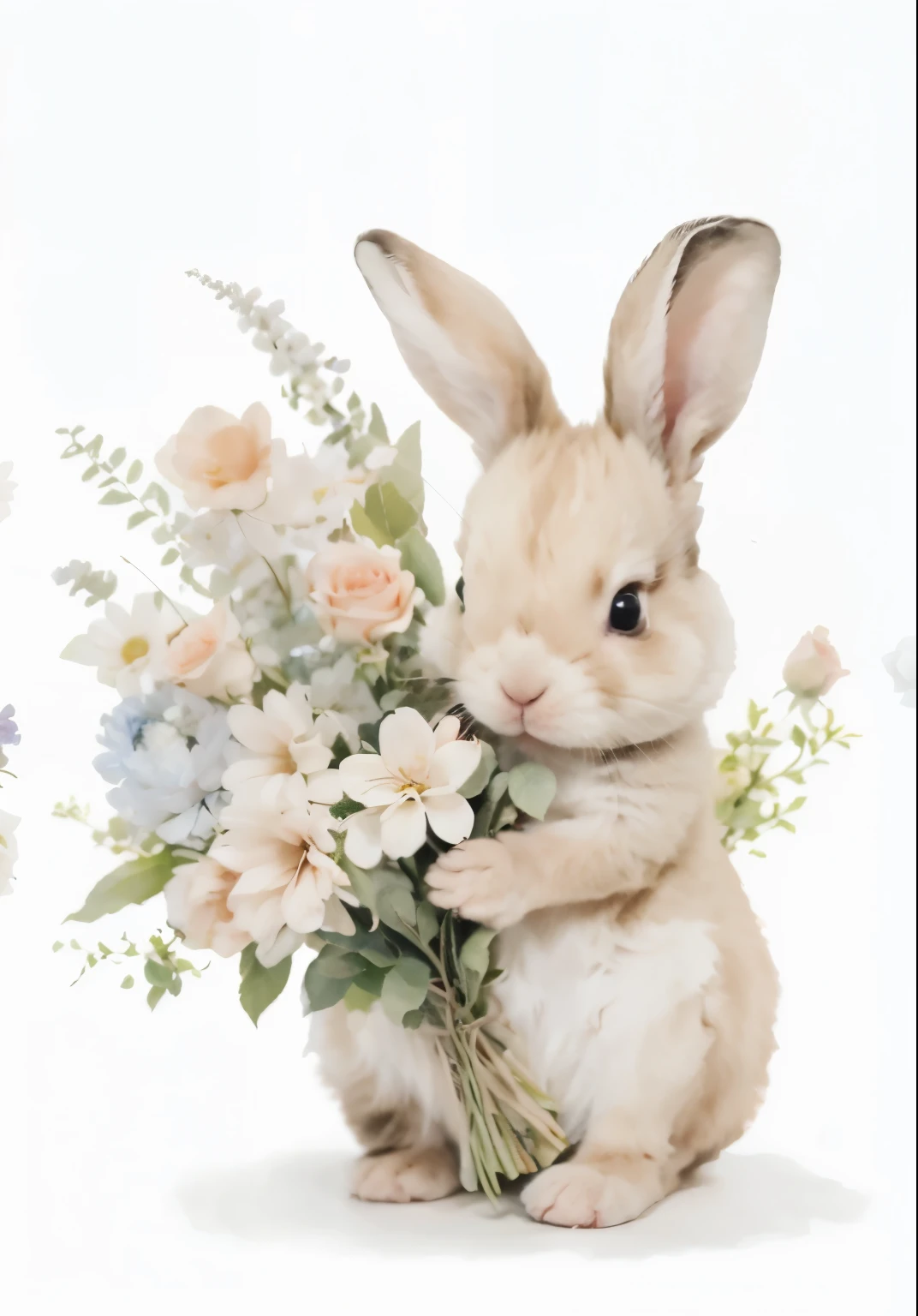 Beautiful cute baby bunny lying in a peach roses, in the flower garden, beautiful, baroque, ultra realistic, realistic watercolor+pencil, high octane, white, green, beige