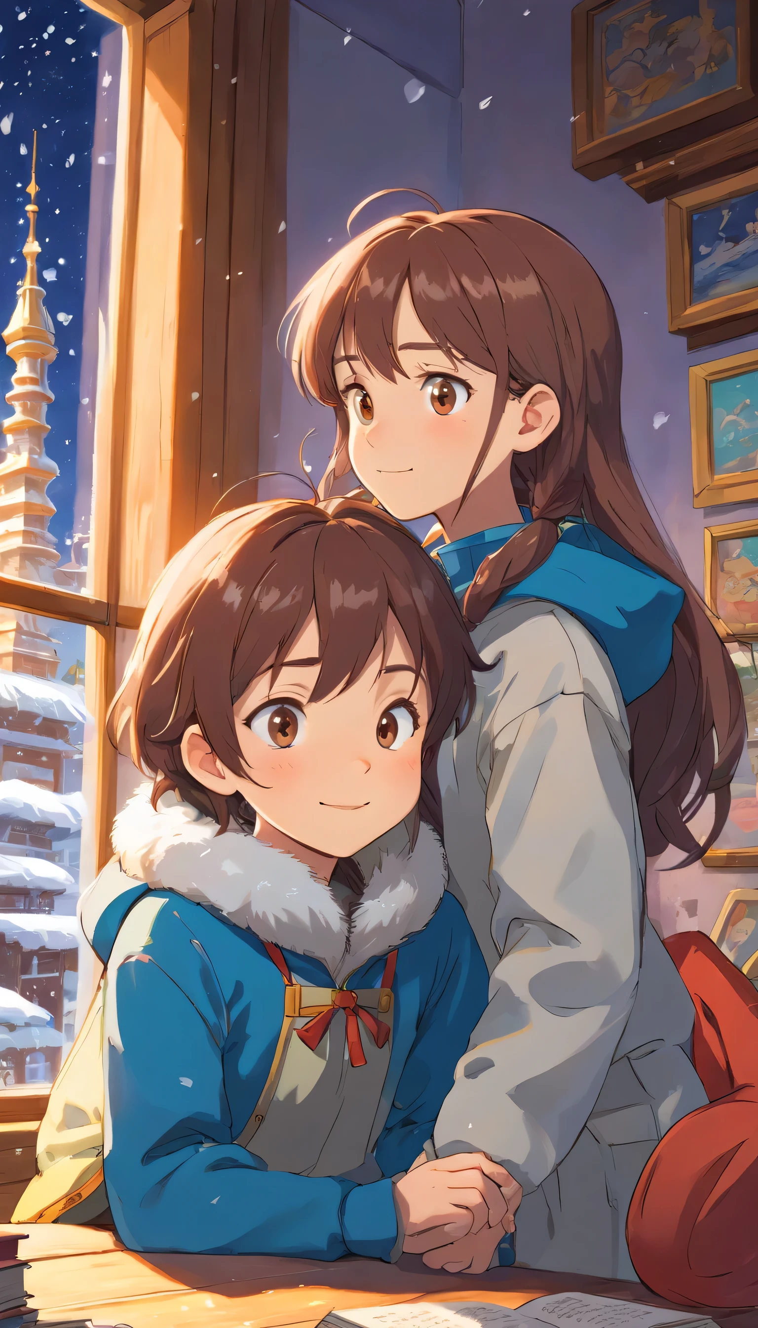 a boy and a girl,(Delicate facial features1:3)cure,Reject EMO,Very happy,Very happy,Face life with a smile,Sunlight,long hair,down jacket,Cloud commissary,Cloud pillows,It's snowing outside the window,Large floor-to-ceiling windows,snowflake,read a book,
