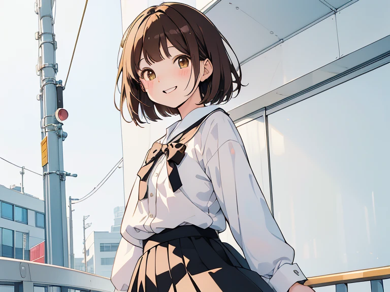 ((((Happy face, white ground, simple background)))),(((Long shot, taken from the front, 1 girl, white , black skirt, short bob, brown hair, golden eyes, 14 years old, short height, city girl))), ((On the way home from school)), ((Uniform)), (Masterpiece), (High resolution), (Top quality), (Super delicate), ((Line drawing manga style)), Wallpaper, Manga style illustration, Painting style, heartwarming synopsis, ((youth)), (student), (unique atmosphere), unique world view, unique atmosphere, youth town, (masterpiece), (high resolution), (highest quality), (super delicate), line drawing manga style, comic style illustration, how to draw, warm outline color, (clear), (obvious)