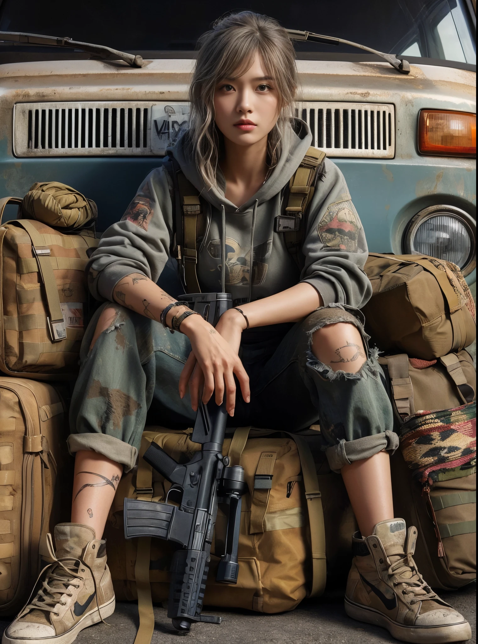 8K,realistic photo、realistic skin texture、A beautiful Japanese woman carrying a lot of luggage I'm in front of a really small old station wagon.、The wagon has signs of repair.、Dirty and tornTshirt、 hoodie、Afghan Stole、camouflage pants、Dirty Converse sneakers、In his hand he holds a large anti-vehicle rifle、Dynamic action pose、dramatic composition、tattoo、one person、run away、Wilderness Road、sunny