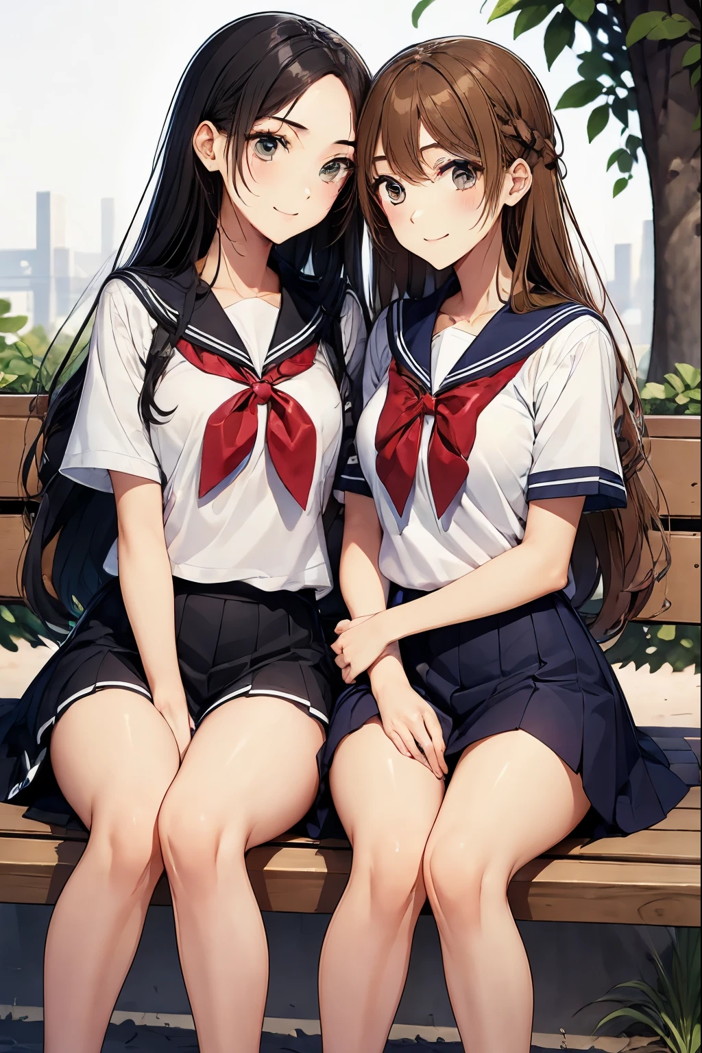 Two high school girls kissing while sitting on a park bench、seductive smile、