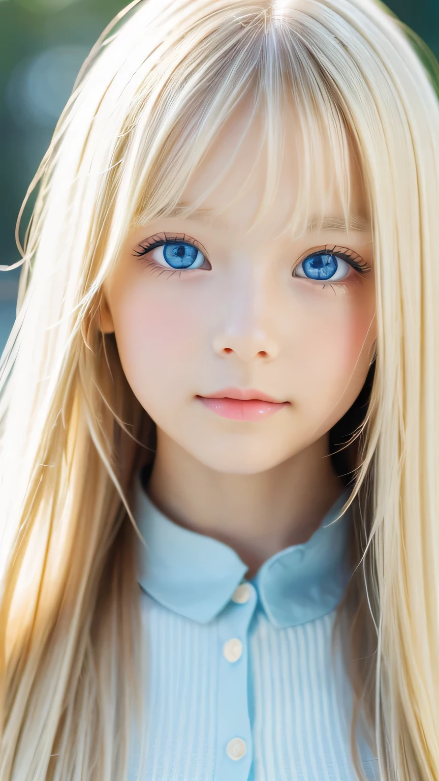 Super long, Silky blonde hair、messy bangs between the eyes、very cute, Beautiful and attractive girl、Very perfect beautiful cute face、beautiful, clear, shining, bright, pale white、sky blue eyes.、very big bright eyes、white and glossy skin、terrible face、cheek gloss highlight、small face beautiful girl、gentle expression、round face