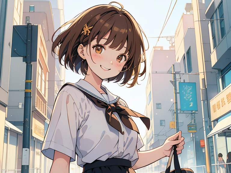 ((((Happy face, white ground, simple background)))),(((Long shot, taken from the front, 1 girl, white , black skirt, short bob, brown hair, golden eyes, 14 years old, short height, city girl))), ((On the way home from school)), ((Uniform)), (Masterpiece), (High resolution), (Top quality), (Super delicate), ((Line drawing manga style)), Wallpaper, Manga style illustration, Painting style, heartwarming synopsis, ((youth)), (student), (unique atmosphere), unique world view, unique atmosphere, youth town, (masterpiece), (high resolution), (highest quality), (super delicate), line drawing manga style, comic style illustration, how to draw, warm outline color, (clear), (obvious)