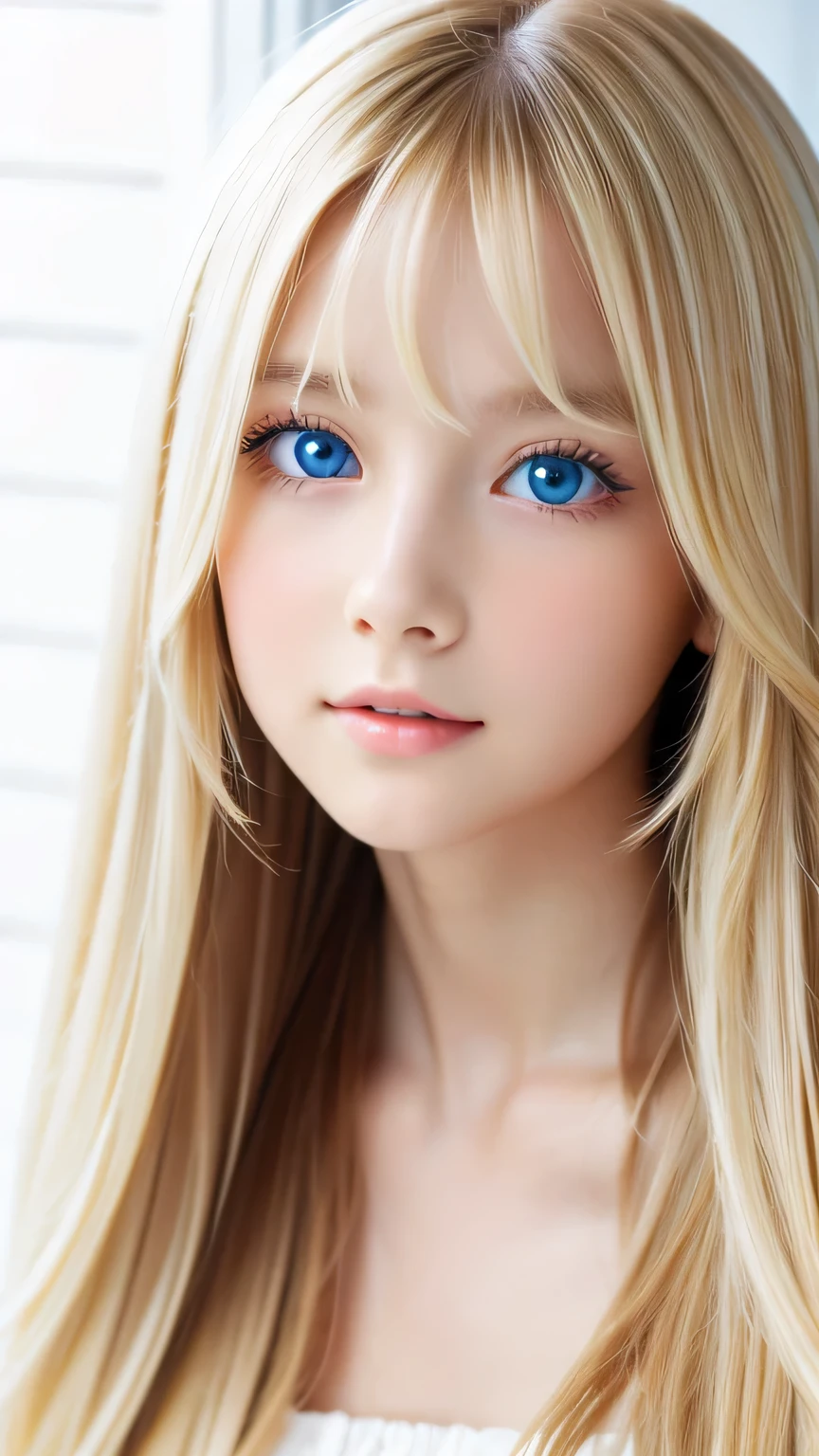 Super long, Silky blonde hair、messy bangs between the eyes、very cute, Beautiful and attractive girl、Very perfect beautiful cute face、beautiful, clear, shining, bright, pale white、sky blue eyes.、very big bright eyes、white and glossy skin、terrible face、cheek gloss highlight、small face beautiful girl、gentle expression、round face