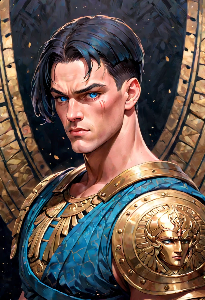 chiaroscuro technique on impressive art of an masculine, 26-year-old Italian male model, handsome Roman, (John Cena) he is the god of war, he is Ares, Mars, evil-looking, strong look, light blue eyes, strong jawline, dressed as a gladiator, ancient gladiator, male gladiator skirt, matte painting, by Harumi Hironaka, extremely soft colors, vibrant, pastel, highly detailed, digital artwork, high contrast, golden dramatic, refined, tonal, an intimate, seductive studio setting with a focus on sensuality and romance. Utilize soft, warm lighting that bathes the space in a gentle, inviting glow. Incorporate luxurious fabrics, plush furnishings, and a touch of decadence to evoke an opulent ambiance. The scene should exude an air of serenity and anticipation, inviting the viewer into a sensual and romantic space