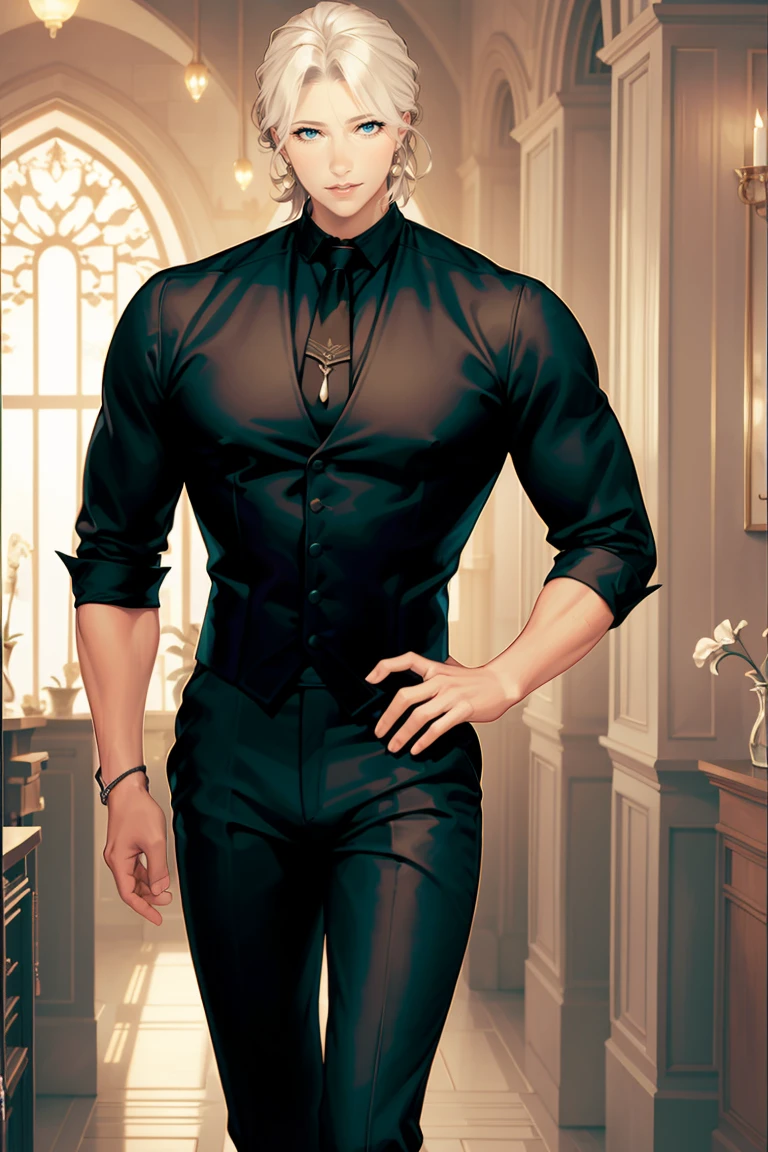 gorgeous man, Strong physique, Black social top, Long white pants, Black social shoes, The blonde hair parted in the middle, Straight hair, with brown eye, Slender appearance, elegant, library scenery, Brown tie, Indifferent eyes, Old Kingdom, man in his 40s.