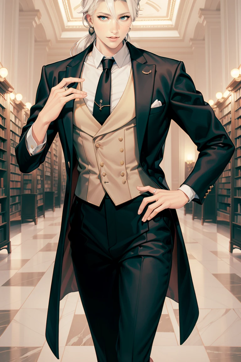 gorgeous man, Strong physique, Black social top, Long white pants, Black social shoes, The blonde hair parted in the middle, Straight hair, with brown eye, Slender appearance, elegant, library scenery, Brown tie, Indifferent eyes, Old Kingdom, man in his 40s.