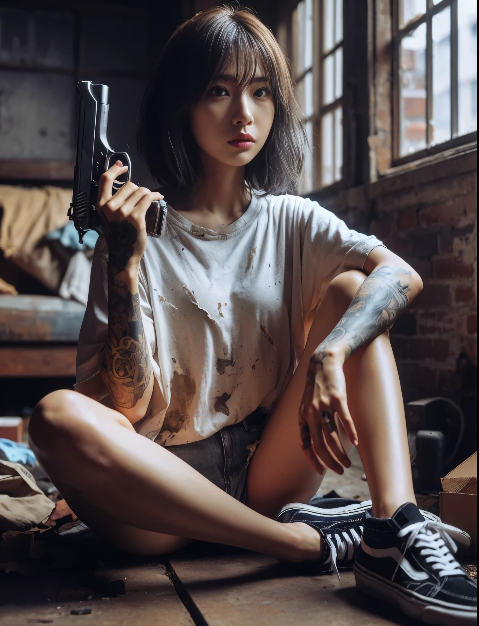 ８K,realistic photo、realistic skin texture、A beautiful Japanese woman living in America stands guard, holding a small revolver in her right hand.、Dirty and torn oversizedＴshirt、 Dirty Vans sneakers、hideout、A room in an old apartment、broken furniture、Bricks and rubble、face、Dynamic action pose、cool composition、tattoo、Part of a team of Guardians who protect the community、