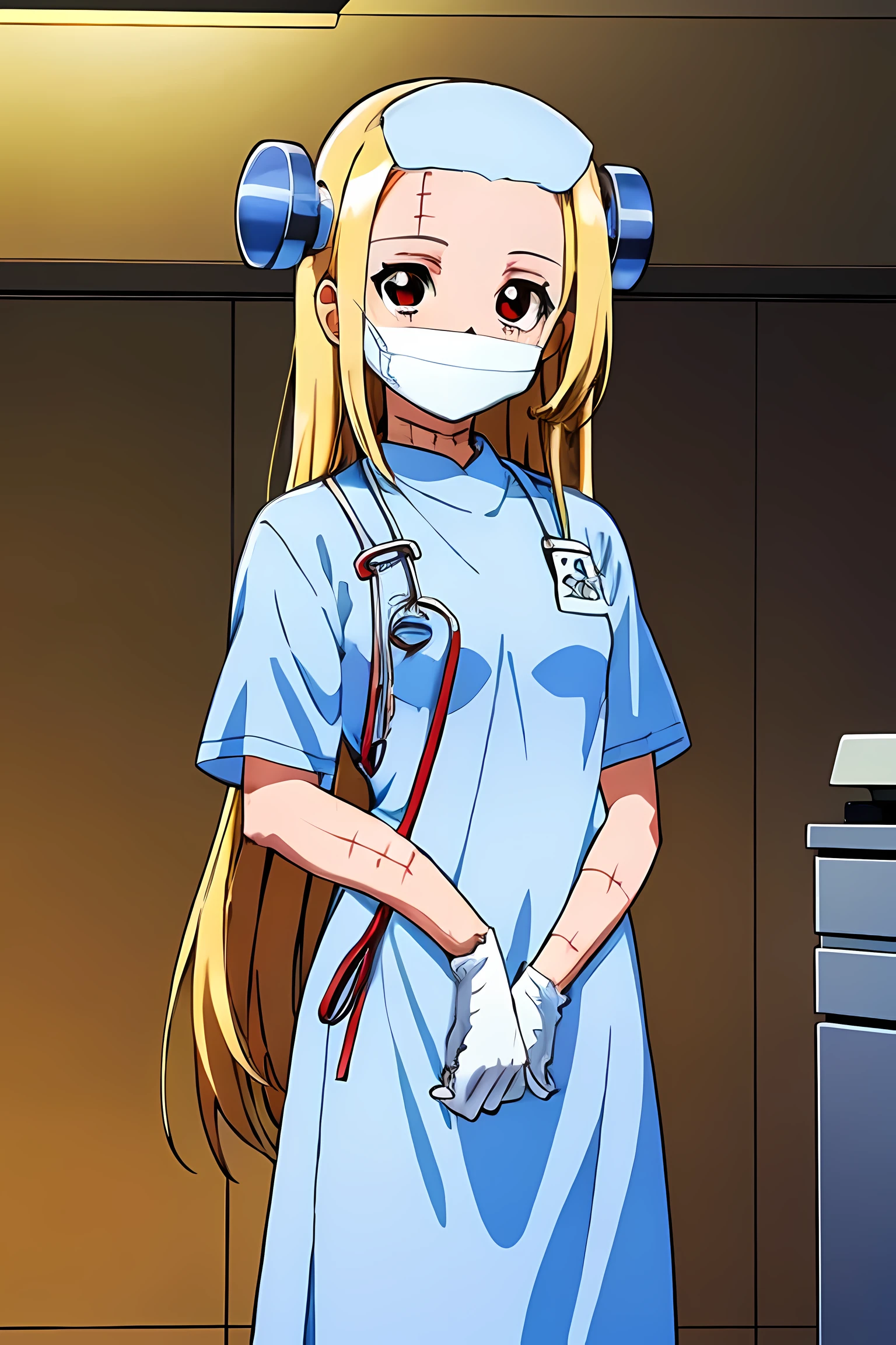 (highest quality:1.3),(ultra-become familiar with:1.5),High resolution,extremely become familiar with CG,unity 8k wallpaper,official art,become familiar with,super become familiar with skin,perfect anatomy,beautiful become familiar with eyes,(anime screenshot:1.11),very delicate and beautiful,(90s anime,90s anime style,cel shaded anime:1.17),1 girl,anmnr,
madaraki_fran,Light blonde long hair,brown eyes,,stitch,body scars,Creepy look,closed mouth smile,Drooping eyes,(surgical gown:1.7),surgical cap,surgical mask,surgical gloves,operating room,