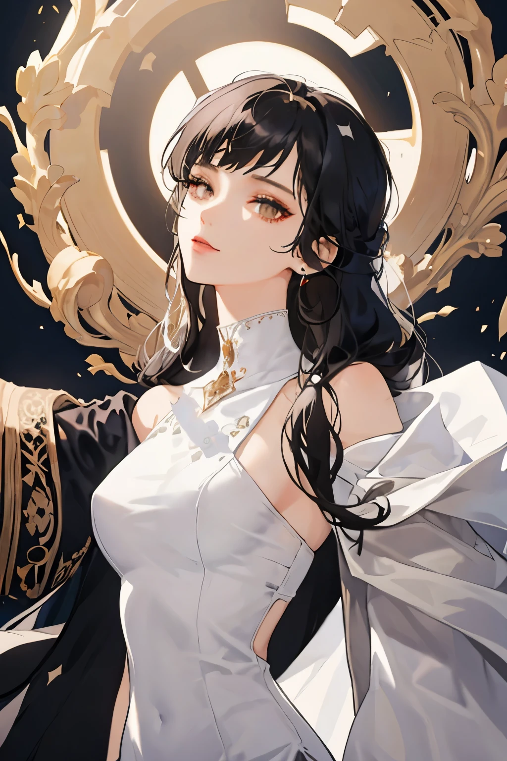 ((masterpiece: 1.2, best quality)), 1 woman, long black hair, brown eyes (gorgeous: 1.4), white dress, fantasy, elegant, royalty, fantastic light and shadow, extremely detailed face, strong woman, suit