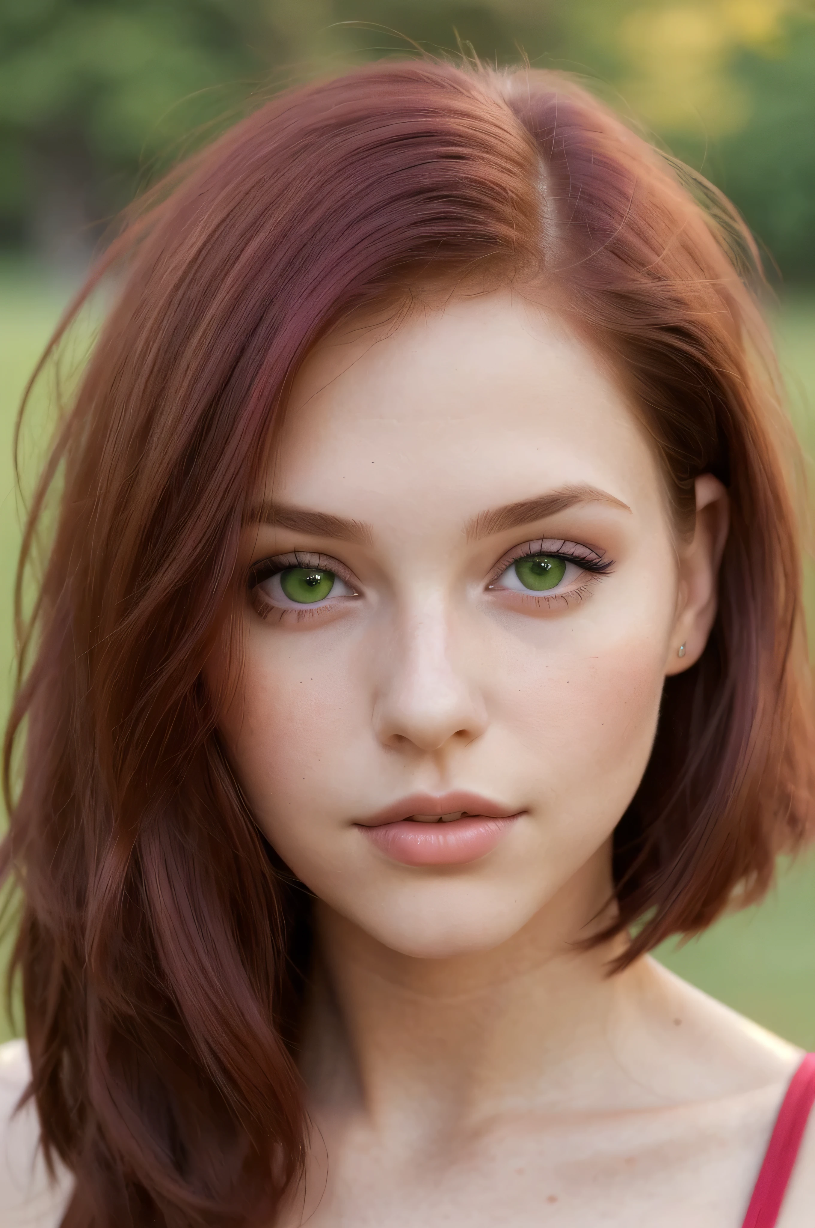 A young girl, 25 years old. very beautiful with pretty features. medium length hair. bob hairstyle. red-violet hair. green eyes. with plump sensual lips. ultra-textured skin. American nationality. face looks straight into the camera. full face. sharp focus on the subject. Shot on Canon.