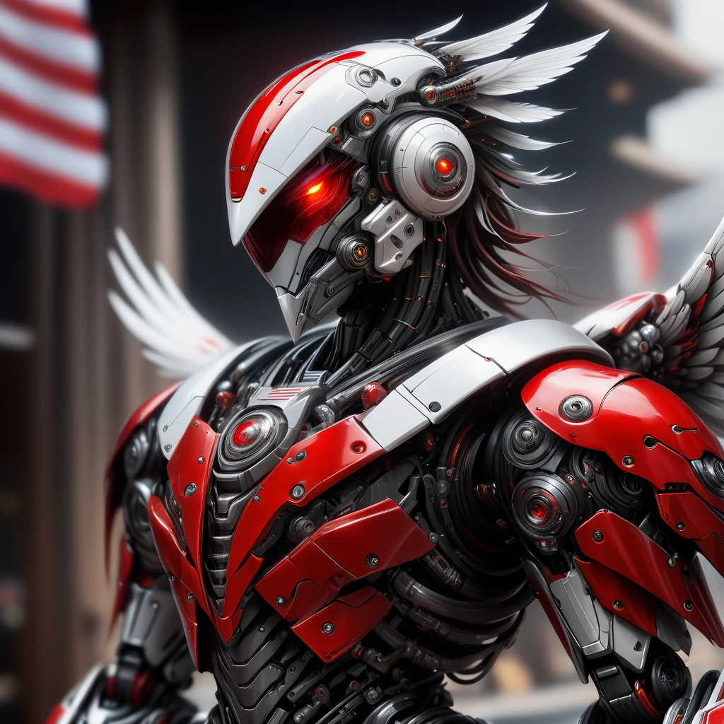 Super detailed, Fashionable Realism, The art of math, Mecha Eagle, Red eyes, Dressed in elegant red and white robot armor，Comes with mechanical parts and helmet，Background photo with American flag , sci-fi armor, Super Detailed Armor, Carbon structure, Ghost in the Shell, Beat the siege, full-body shot, Action pose, Super clear focus, Award-winning photography, perfect contrast, high definition, depth of field, Super detailed photography, global illumination, Smooth, 35mm, Full body vision, ultra high definition, 8K, Unreal Engine 5, Super clear focus, Award-winning photography, Popular topics on ArtStation