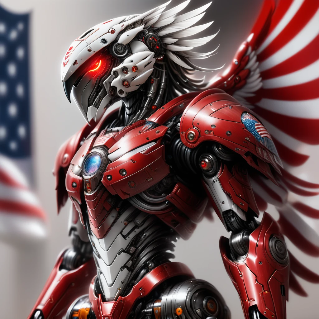 Super detailed, Fashionable Realism, The art of math, Mecha Eagle, Red eyes, Dressed in elegant red and white robot armor,Comes with mechanical parts and helmet,Background photo with American flag , sci-fi armor, Super Detailed Armor, Carbon structure, Ghost in the Shell, Beat the siege, full-body shot, Action pose, Super clear focus, Award-winning photography, perfect contrast, high definition, depth of field, Super detailed photography, global illumination, Smooth, 35mm, Full body vision, ultra high definition, 8K, Unreal Engine 5, Super clear focus, Award-winning photography, Popular topics on ArtStation