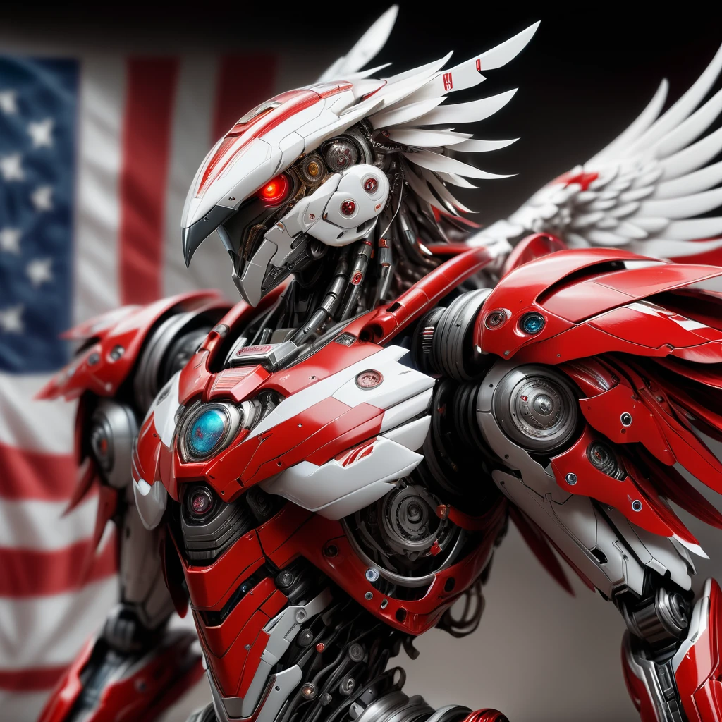 Super detailed, Fashionable Realism, The art of math, Mecha Eagle, Red eyes, Dressed in elegant red and white robot armor，Comes with mechanical parts and helmet，Background photo with American flag , sci-fi armor, Super Detailed Armor, Carbon structure, Ghost in the Shell, Beat the siege, full-body shot, Action pose, Super clear focus, Award-winning photography, perfect contrast, high definition, depth of field, Super detailed photography, global illumination, Smooth, 35mm, Full body vision, ultra high definition, 8K, Unreal Engine 5, Super clear focus, Award-winning photography, Popular topics on ArtStation