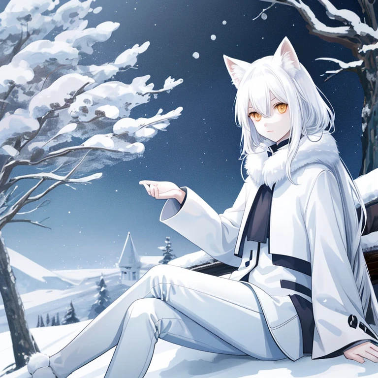 A white fox demon sitting on the snow