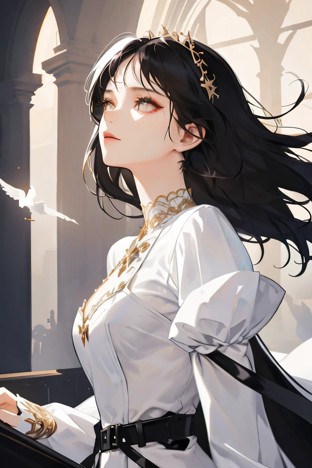 ((masterpiece: 1.2, best quality)), 1 woman, long black hair, brown eyes (gorgeous: 1.4), white dress, fantasy, elegant, royalty, fantastic light and shadow, extremely detailed face, strong woman, suit