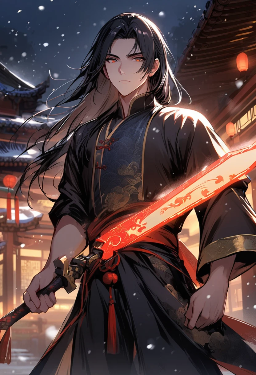 , hua cheng, 1boy, male focus, handsome, black hair, straight hair, long hair, Chinese ancient costume, jewelry, Chinese architecture, night, outdoors, looking at viewer, masterpiece, best quality, snowing,holding weapon,1boy, glowing weapon