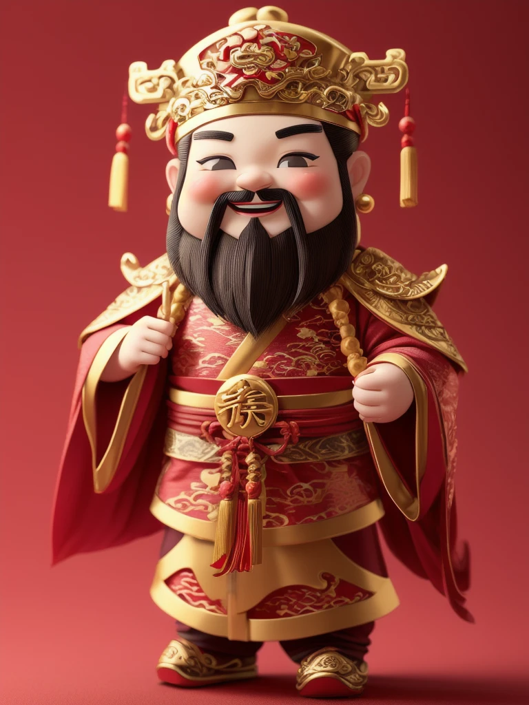 1 male,Smile，Chinese clothes,black eyes,beard,alone,whole body,Red_background,chibi,masterpiece,best quality,Super detailed,hanfu,