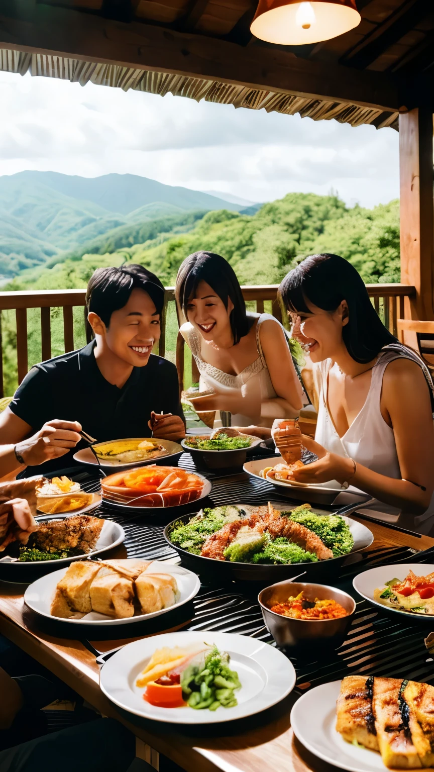 Japanese,Grilled meat,４People eating,looks fun,Ghibli style