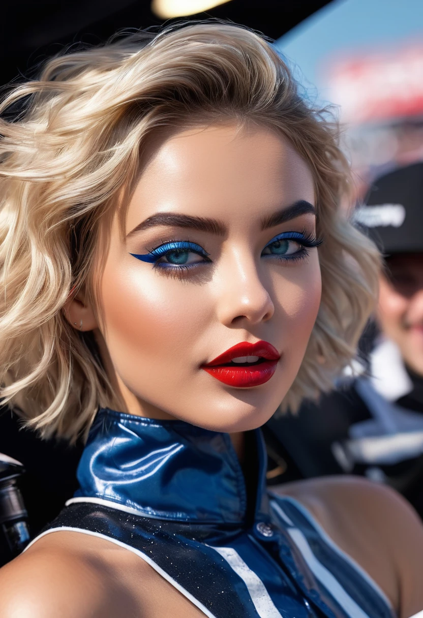 (best quality,ultra-detailed,photorealistic:1.37),vivid colors,professional,beautiful detailed eyes,beautiful detailed lips,extremely detailed eyes and face,long eyelashes,attractive,confident attitude,charming smile,flawless skin,radiant complexion,piercing gaze,trendy hairstyle,delicate features,gorgeous appearance,natural-looking makeup,Nail polish with bright colors,wavy hair,sparkling eyes,plump lips,great body proportions,perfectly shaped eyebrows,daintily contoured cheeks,powder-blue eyeshadow,striking cat-eye eyeliner,satin finish lipstick,sexy expressions,captivating allure,playful poses,teenage,energetic,dynamic,standing tall with pride,sleek-and-sporty outfit,high heels,exquisite details in every outfit,microphone in hand,sophisticated,driven,confidence radiating through every move,prominent presence on stage,powerful race stance,podium winner,speed and style,scenic race track,modern architecture,illuminating floodlights,dynamic lighting effects,flashing camera lights,cheering crowd,fast-paced excitement,race theme,stylish accessories,glamorous event,joyful atmosphere,ring of authenticity,high energy and adrenaline,close-up shots,dynamics of movement,high-speed blur,emphasized curves,dynamic composition,capturing the essence of a high-speed race,exquisite detailing on the car,shiny and sleek exterior,smooth and aerodynamic lines,fierce competition,heart-racing moments,thrilling atmosphere,intense focus and determination,celebrating victory with champagne,podium celebration,encouraging crowd,sparkling confetti,electric atmosphere, tight corset like clothing, exposed hard detailed nipples