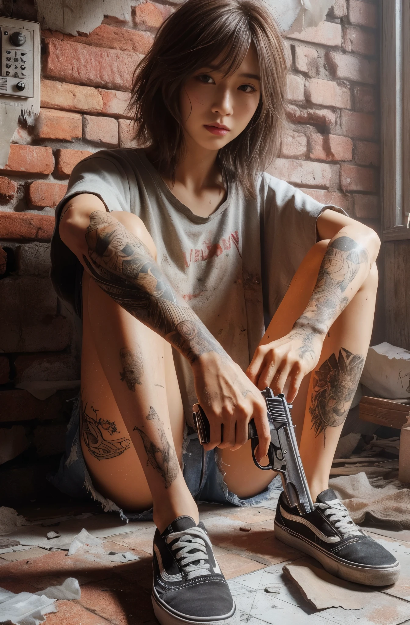 8K,realistic photo、realistic skin texture、A beautiful Japanese woman living in America stands guard, holding a small revolver in her right hand.、Dirty and torn oversizedTshirt、 Dirty Vans sneakers、hideout、A room in an old apartment、broken furniture、Bricks and rubble、face、Dynamic action pose、cool composition、tattoo、Part of a team of Guardians who protect the community、