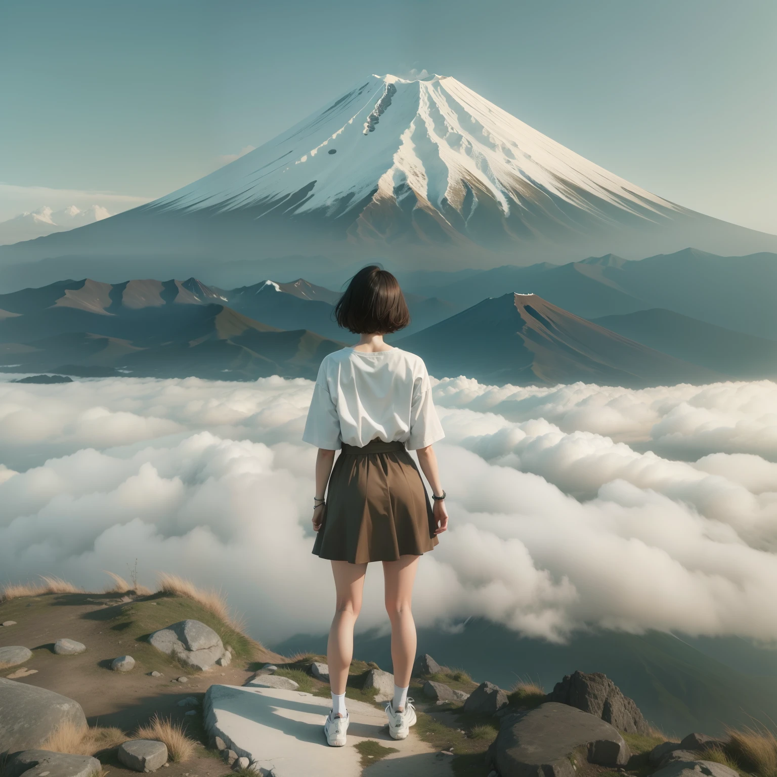 k,high resolution、Climbing a mountain、Looking at Mt. Fuji、The background is Mt. Fuji、back view、A sea of clouds spreads between Mount Fuji and the woman.、Japanese woman in her 20s、170cm,perfect style、short hair、white shirt、brown mini skirt、High Top Sneakers、back view、wide shot, sense of depth, full body