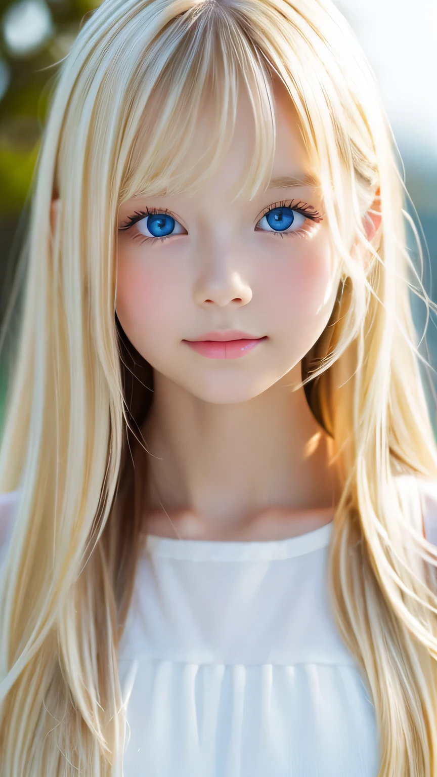 Super long, Silky blonde hair、messy bangs between the eyes、very cute, Beautiful and attractive girl、Very perfect beautiful cute face、beautiful, clear, shining, bright, pale white、sky blue eyes.、very big bright eyes、white and glossy skin、terrible face、cheek gloss highlight、small face beautiful girl、gentle expression、round face