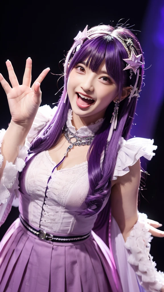 Star love, gloves, tongue sticking out, tongue, long hair, star (symbol), view audience, (purple hair: 1.2), purple eyes, Upper body, hair ornaments, frills, pink shirt, smile, No sleeve, shirt, Idol, symbol shaped pupil, raised his hand, bangs, one side up, star-shaped pupils, raised his arms, Dress Pull, tungsten々young 20s, isometric, From above, full body, rembrandt, figure, detailed, Depth of the bounds written, looking at the viewer, peace sign, raised his hand, tongue out, The highest quality,目の中のstar