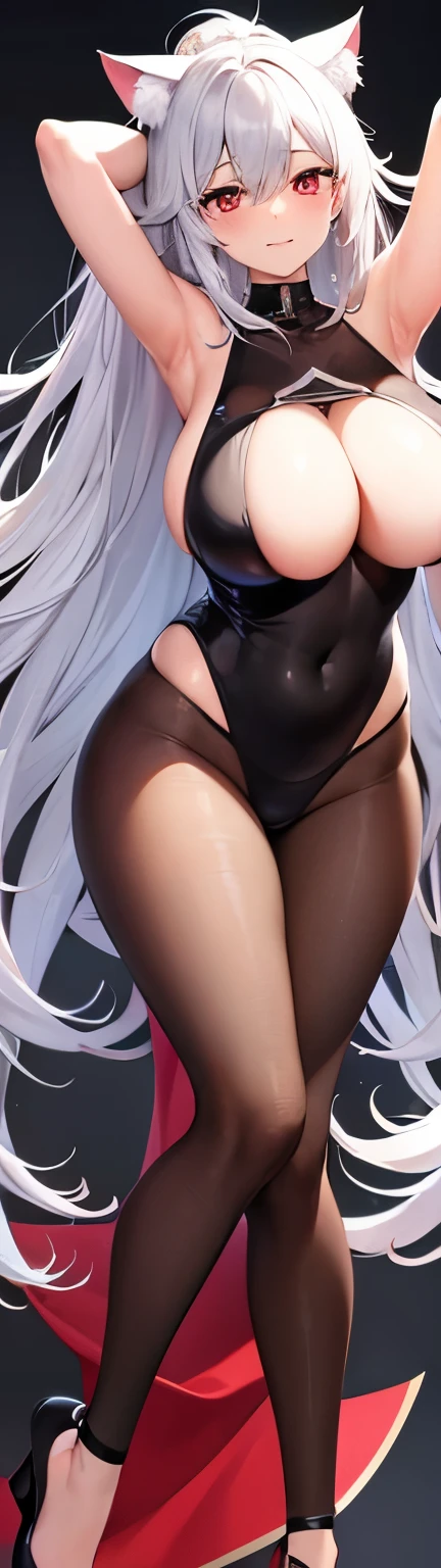 highest quality　High resolution　one young beautiful woman　red eyes　beautiful white hair　medium perm　cute soft girl　Cat ear　The huge breasts of a virgin killer with amazing charm　bbw　open your legs vertically　standing on one leg　Love love heart mark