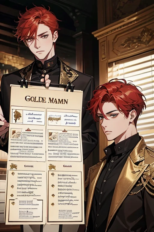 one man, adult, ((male)), short hair, tall, red hair, golden eyes, perfect face, beautiful clothing, antique clothing, detailed, dynamic lighting, (best quality), (masterpiece), (referencesheet:1.5)