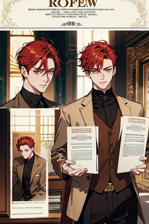 one man, adult, ((male)), short hair, tall, red hair, golden eyes, perfect face, beautiful clothing, antique clothing, detailed, dynamic lighting, (best quality), (masterpiece), (referencesheet:1.5)