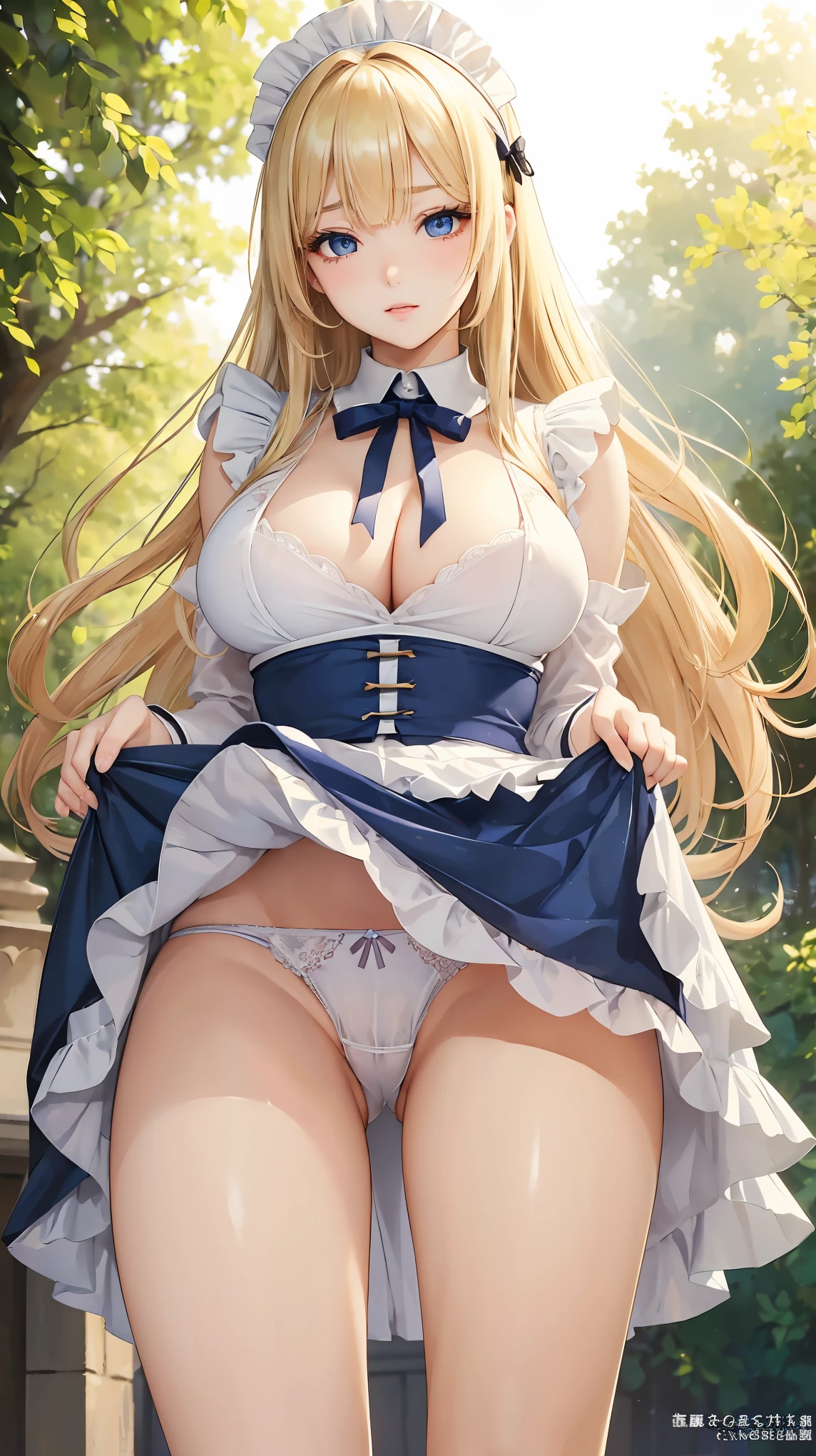 (masterpiece:1.2), (highest quality:1.2), Portrait、Curvy but slender body, perfect eyes, perfect face, perfect lighting, 1 girl, long hair, curly hair, fine clothes, detailed outdoor background, compensate, eye shadow, thick eyelashes, fantasy, (maid)、whole body，alice in wonderland、Bright and beautiful face、young shiny glossy white shiny skin、the best beauty、the most beautiful bright blonde hair in the world、thin hair、super long straight hair、Shining beautiful bangs、Shining crystal clear big blue eyes、Very beautiful lovely 17 year old most beautiful girl in the world、big and full breasts、tits、((She shyly lifts her skirt to show her panties、I'm seducing you))