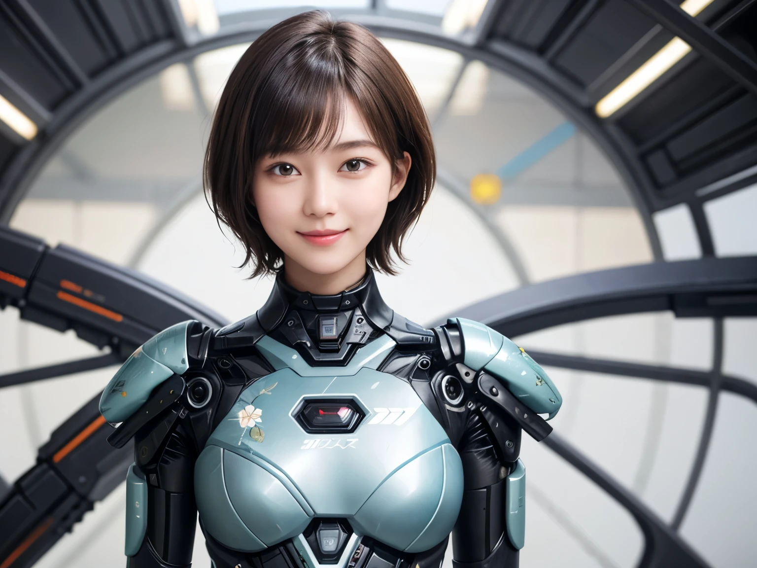 207 Short Hair, 20 year old female, Floral, gentle smile, futuristic clothes, mechanical suit
