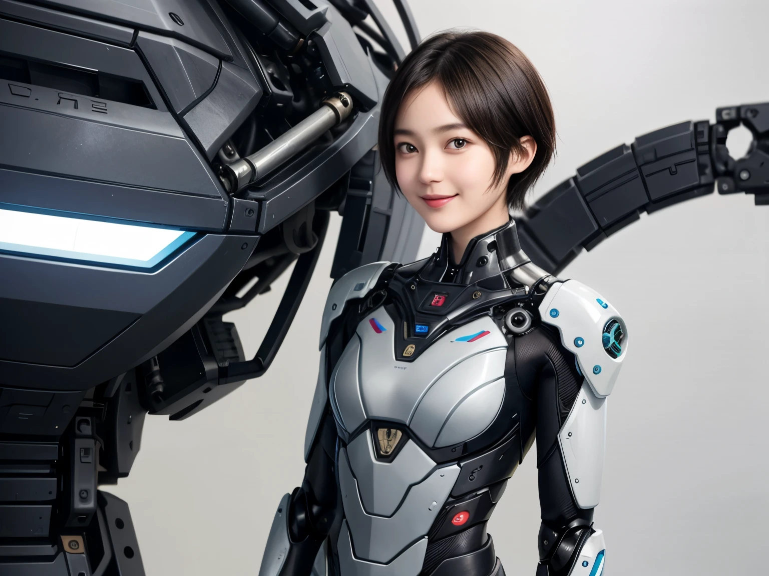 207 Short Hair, 20 year old female, Floral, gentle smile, futuristic clothes, mechanical suit
