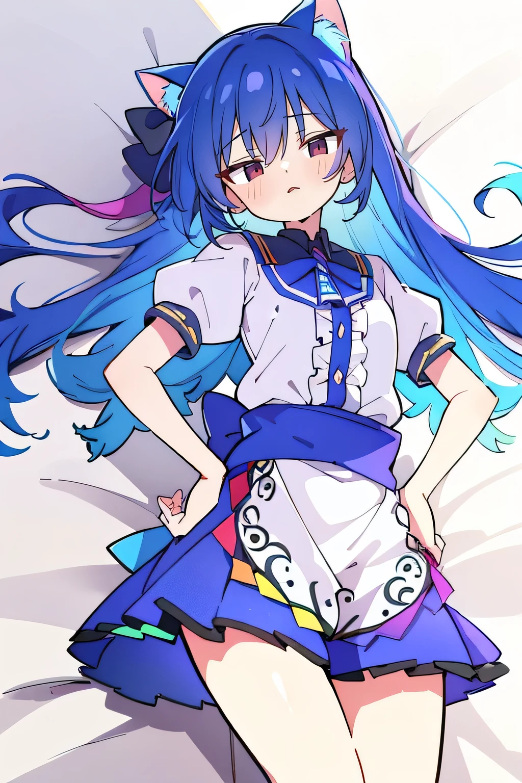 (Masterpiece), best quality, expressive eyes, perfect face, 1girl,
 Put your hands on your waist, fair, gorgeous, Japanese comics, girl, Lola, young angel, blue hair, blue hair, flowing clothes, hug the waist, hug the waist, hands on hips, hands on hips, lay down , lying on the ground, legs on the ground, flat chest, cat ears