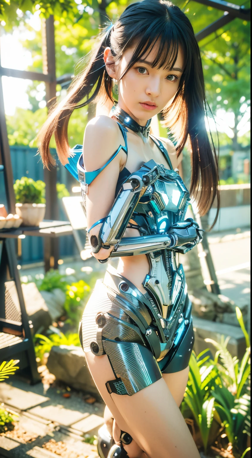 (best quality:1.2), 8k, highres, octan render, (masterpiece), extremely ultra detail, cyborgized Japanese woman, extremely ultra cute face, , skinny body, flat chest, (blue metallic mechanical frame:1.5), (Power cables connected throughout the body), detaile up, Instead of hair, there are cables growing out of it, mechanical fusion, mechanical skeleton, bio mechanics, mechanical life-form, highly intricate detail, extremely ultra real texture, human-like skin, realistic hair, ultra realistic details, professional lighting, (realistic:1.4), (RAW photo:1.2), (photorealistic:1.5)