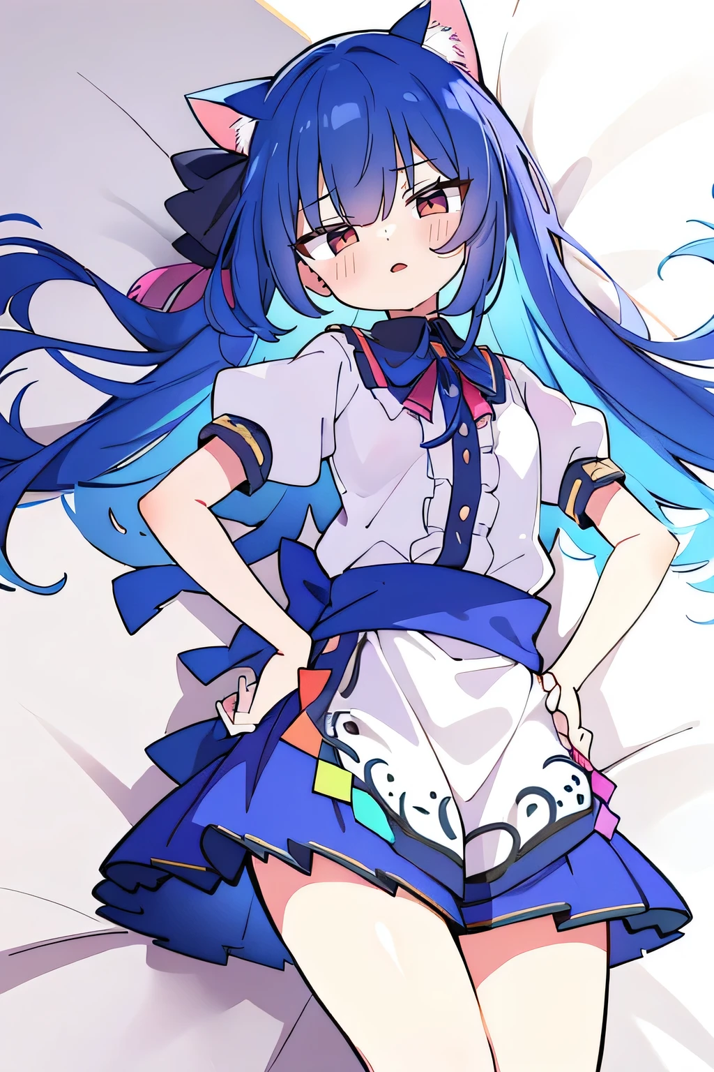 (Masterpiece), best quality, expressive eyes, perfect face, 1girl,
Put your hands on your waist, fair, gorgeous, Japanese comics, girl, Lola, young angel, blue hair, blue hair, flowing clothes, hug the waist, hug the waist, hands on hips, hands on hips, lay down , lying on the ground, legs on the ground, flat chest, cat ears