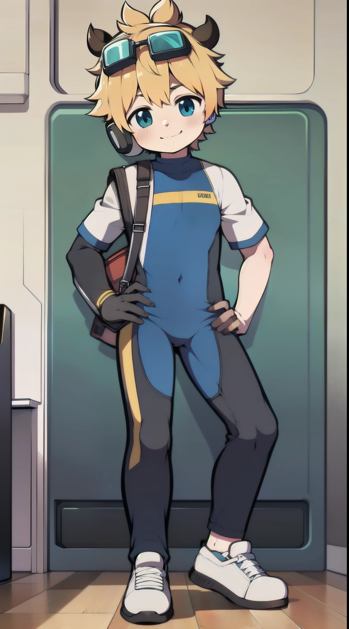 Second dimension boy，One-piece mountaineering suit，horns，cow ears，Put the headphones on your head，stood up，goggles，sports shoes，Slim，Smile