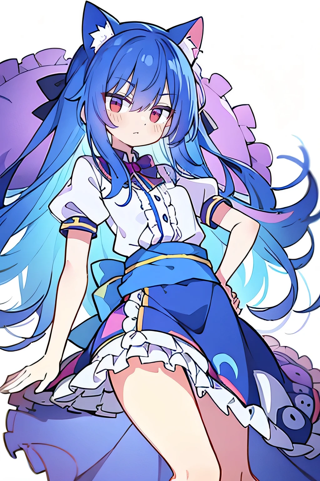 (Masterpiece), best quality, expressive eyes, perfect face, 1girl,
 Put your hands on your waist, fair, gorgeous, Japanese comics, girl, Lola, young angel, blue hair, blue hair, flowing clothes, hug the waist, hug the waist, hands on hips, hands on hips, lay down , lying on the ground, legs on the ground, flat chest, cat ears