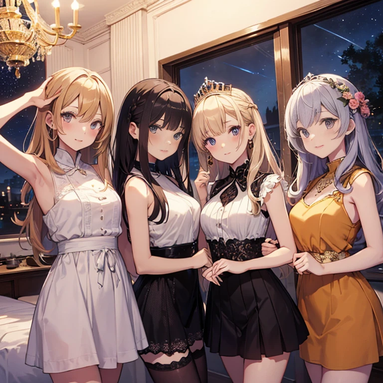 A group of young princesses, (in bedroom), various hair styles, harem, wearing royal dress, night, details face, , short skirt, seducing, sleeveless , showing armpits, night, starry night