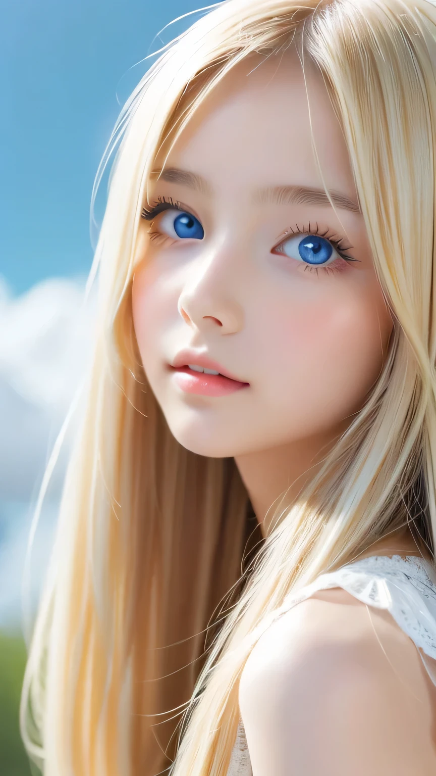 Super long, Silky blonde hair、messy bangs between the eyes、very cute, Beautiful and attractive girl、Very perfect beautiful cute face、beautiful, clear, shining, bright, pale white、sky blue eyes.、very big bright eyes、white and glossy skin、terrible face、cheek gloss highlight、small face beautiful girl、gentle expression、round face