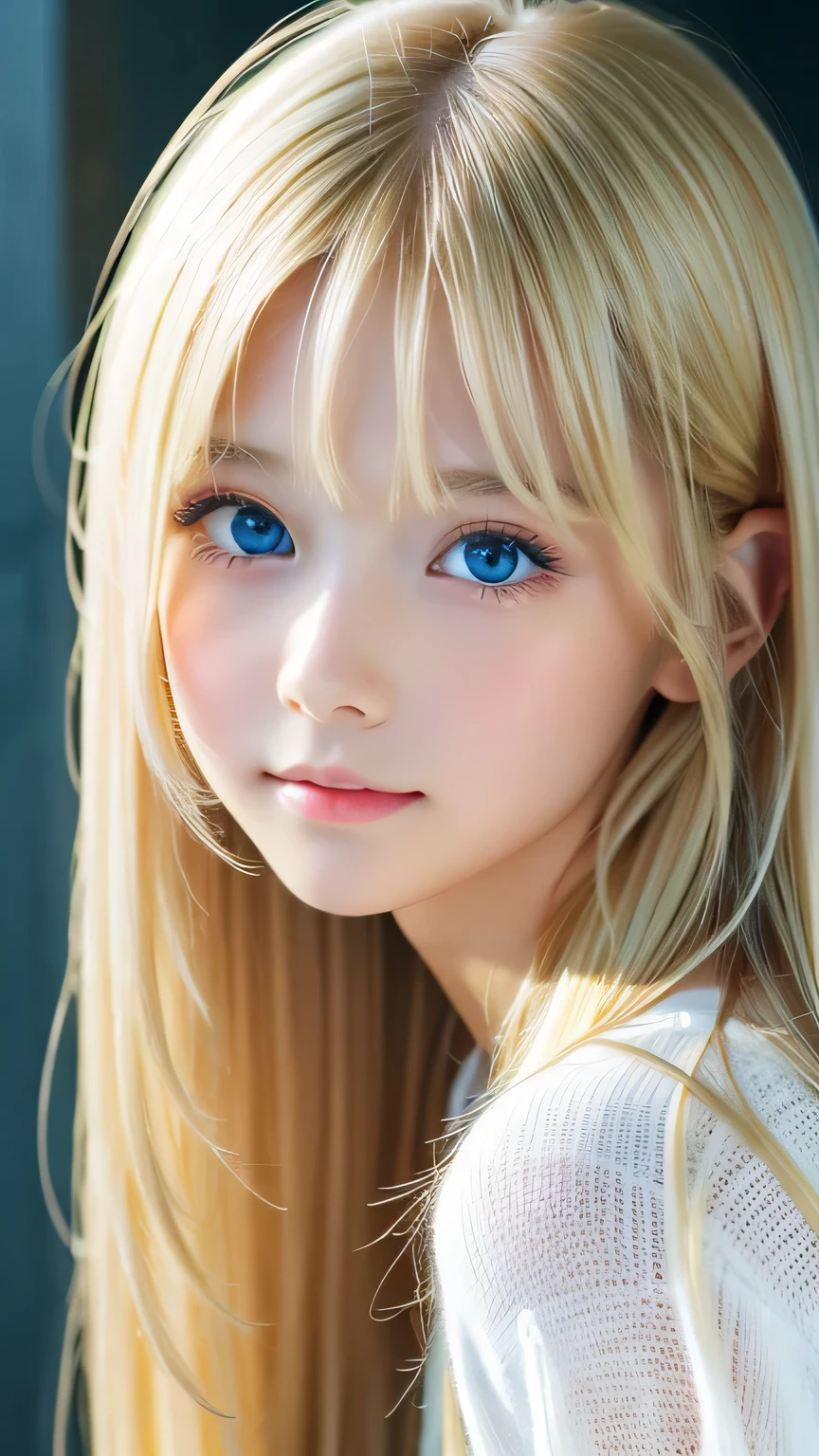 Super long, Silky blonde hair、messy bangs between the eyes、very cute, Beautiful and attractive girl、Very perfect beautiful cute face、beautiful, clear, shining, bright, pale white、sky blue eyes.、very big bright eyes、white and glossy skin、terrible face、cheek gloss highlight、small face beautiful girl、gentle expression、round face