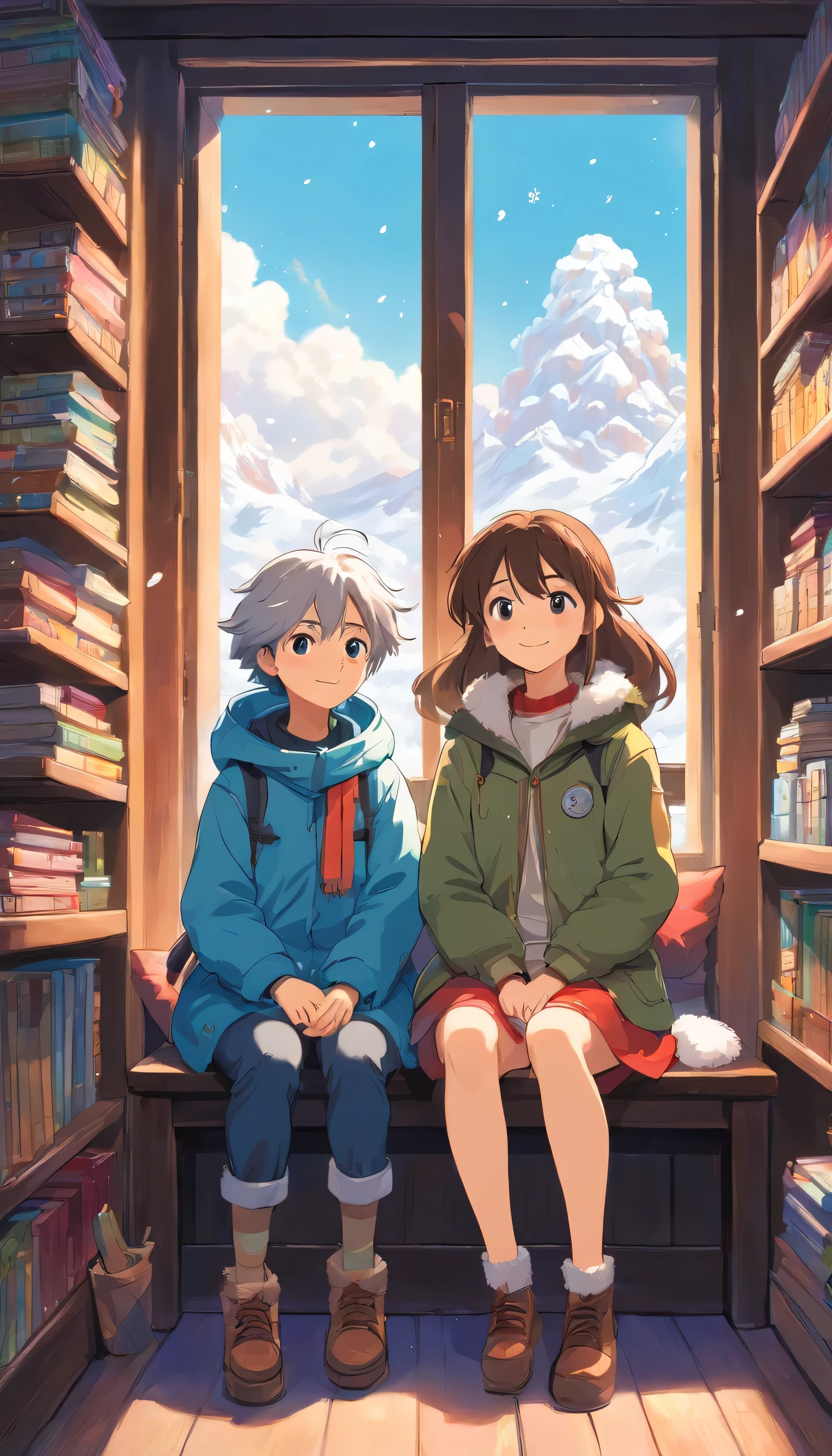 a boy and a girl,(Delicate facial features1:3)Perfect body proportions1.1. Cure,Reject EMO,Very happy,Very happy,Face life with a smile,Sunlight,long hair,down jacket,Cloud commissary,Cloud pillows,It's snowing outside the window,Large floor-to-ceiling windows,snowflake,read a book,