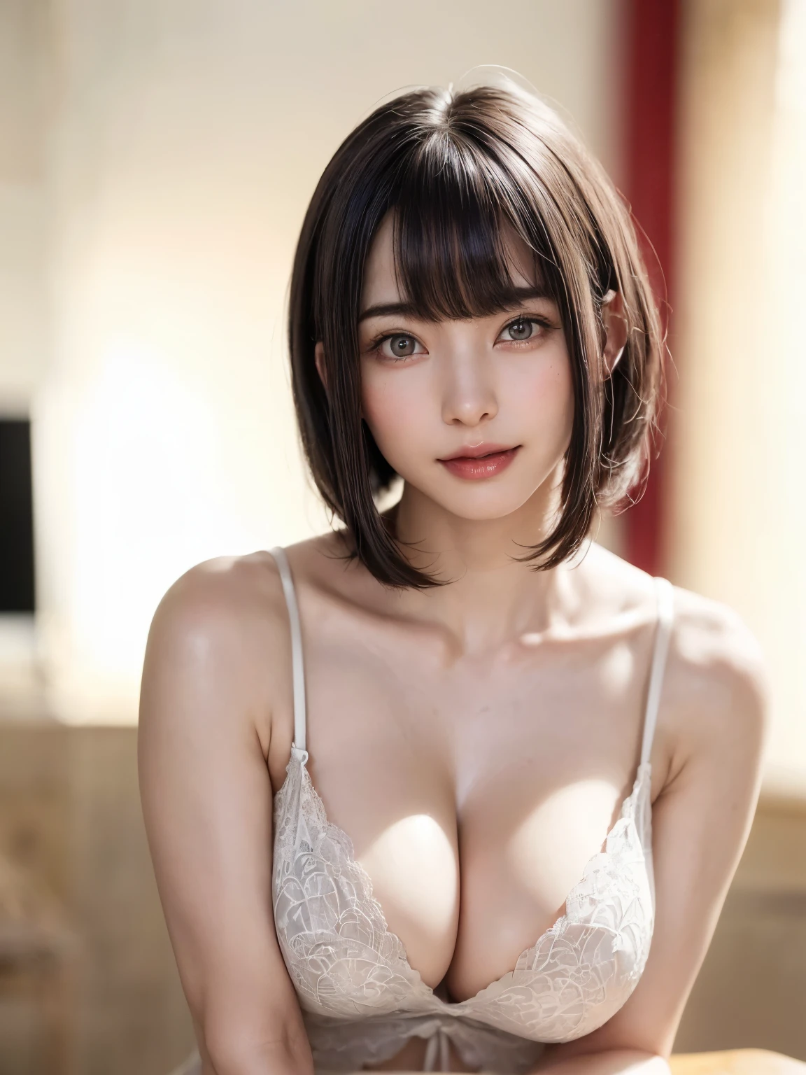 (table top, highest quality、ultra high resolution、face focus focus、Focus on the side、navel focus、decolletage focus、very attractive beauty、Add intense highlights to your eyes、look closely at the camera:1.4、Absolutely beautiful bangs:1.4、Brunette short bob hair with bangs:1.4),1 girl, Report, black haired, realistic, looking at the viewer, pale black eyes, short hair, lips, lip gloss, Upper body、Big eyes、eyelash)、((italian natural background、hyper real stick:1.4))、((short hair with bangs:1.4、Beautiful bangs with 46 points:1.4、{Huge|big|Hugeな|mega} chest:2, cleavage:2、Big eyes、Give students very powerful highlights、very bigger chest、look at the audience、very beautiful beauty、show me your ears、beautiful long neck、beautiful decollete、smile、A smilee　beautiful teeth、Open your mouth and smilee))、28 years old、very cute super model、perfect anatomy